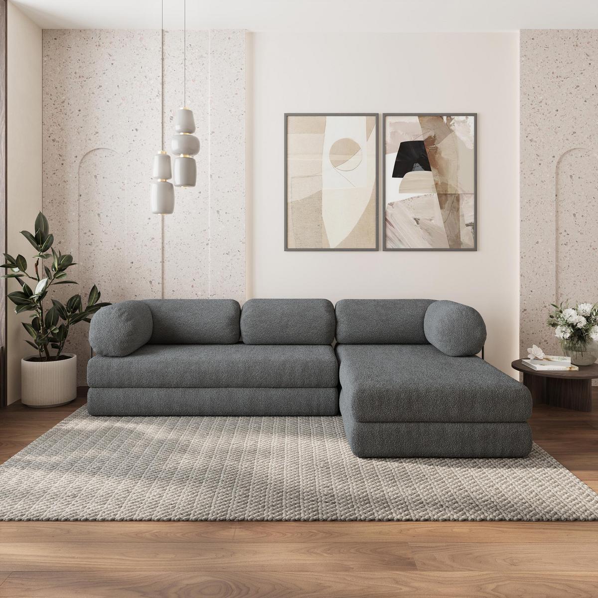 ECKSOFA KELI modulares Boneless Sofa mit Schlaffunktion Grau Boucle-Stoff - Grau, Textil (270/160cm) - MASSENO