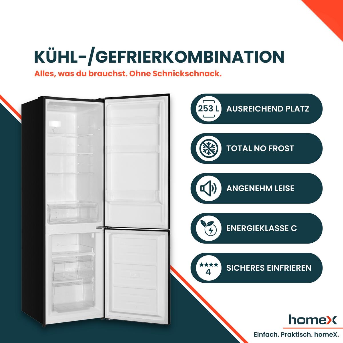 KÜHL-GEFRIER-KOMBINATION, No Frost, freistehend, groß - 253 Liter, EEK C, Kühlschrank mit Gefrierfach, schwarz - Schwarz, Glas/Kunststoff (54.5/181/61.6cm) - homeX