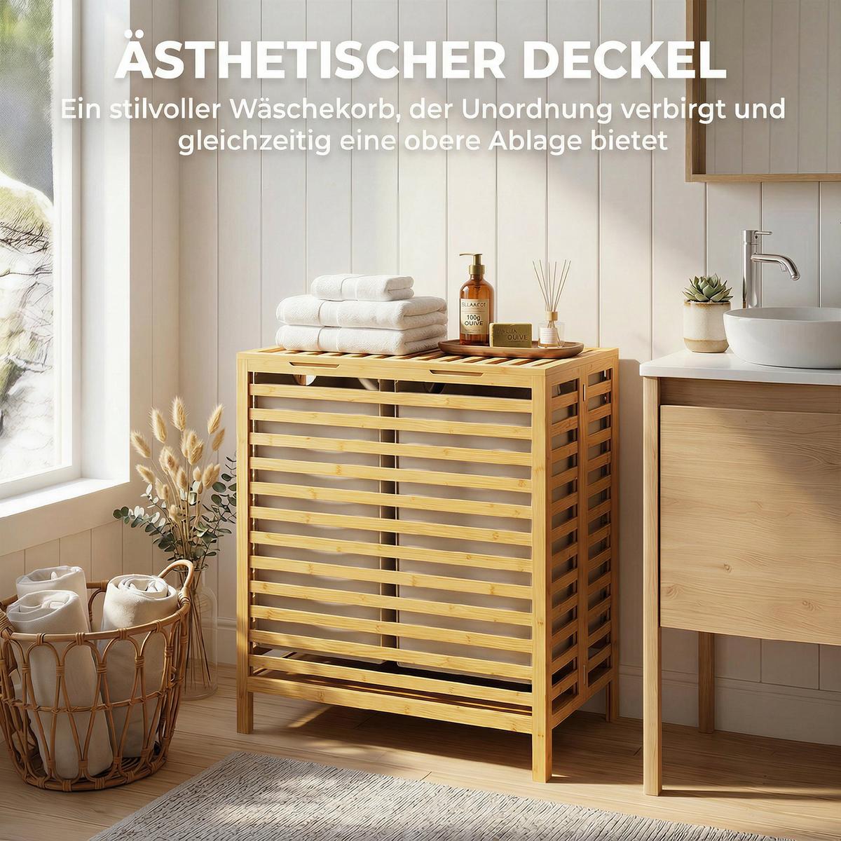 WÄSCHEKORB Bambus Polyester Naturholz Cremeweiß - Naturfarben, Holz/Bambusholz (36/64.2/55cm) - HOMCOM