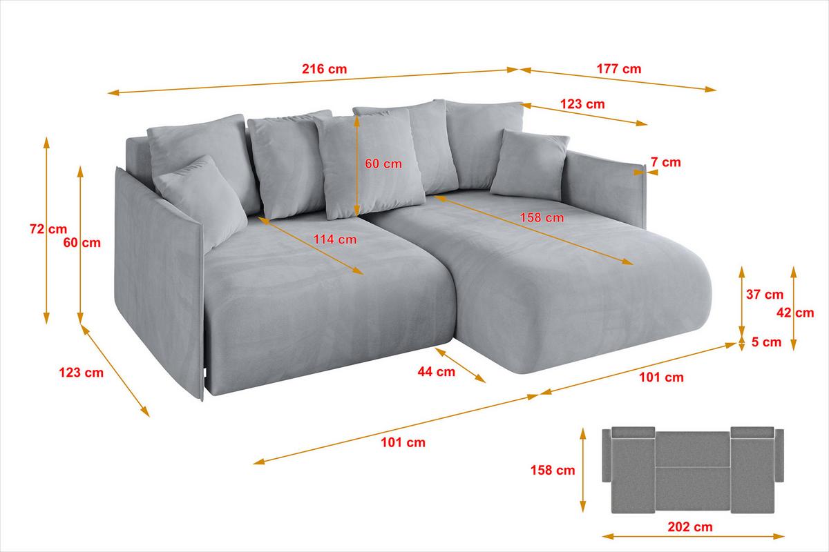 ECKSOFA Ottomane rechts ONESK-L 216x177x72 Hellgrau Velours - Titanfarben/Hellgrau, Holzwerkstoff/Kunststoff (177/216cm) - ALTDECOR