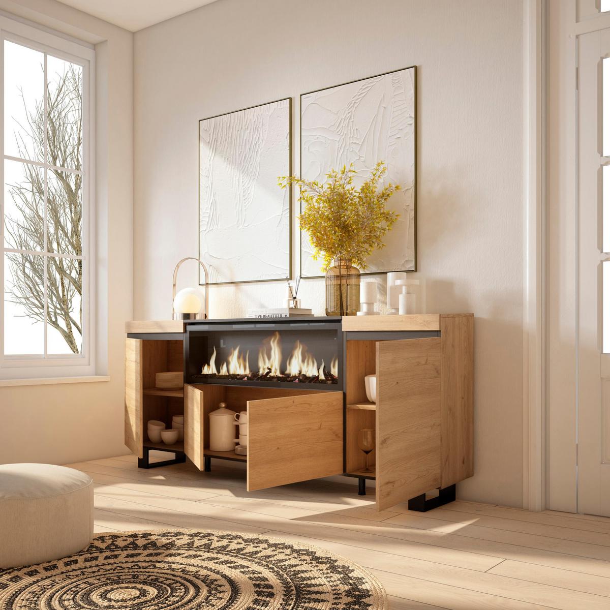SIDEBOARD Highboard, mit Elektrokamin XXL, eiche, 208/35/87cm - Eichefarben/Multicolor, Holzwerkstoff (208/87/35cm) - Skraut Home