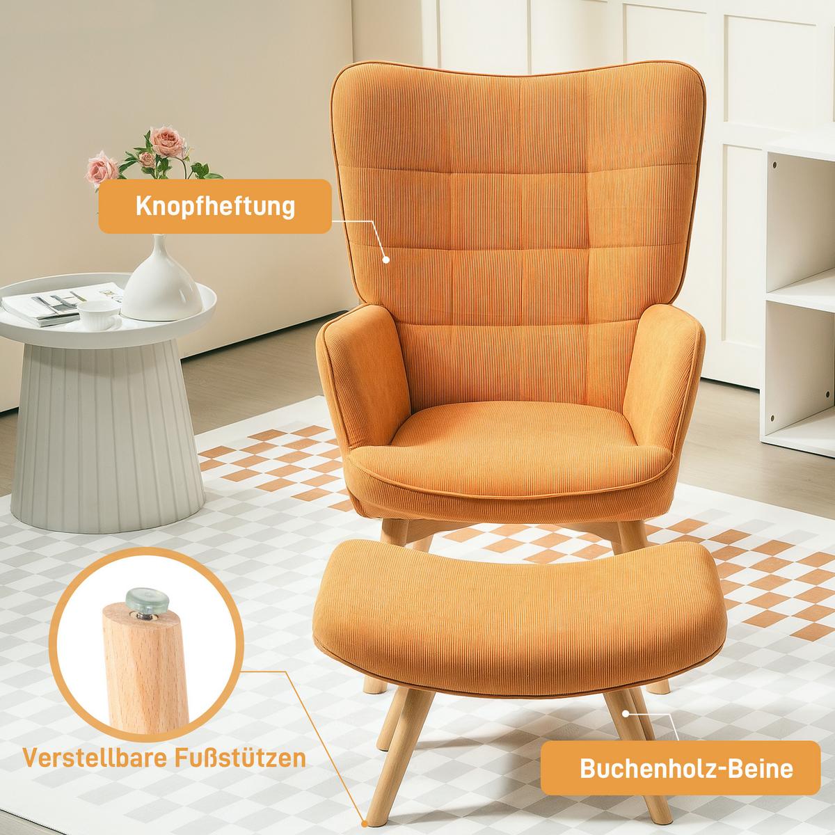 SESSEL mit Hocker, Ohrensessel mit Hoher Rückenlehne, Holzbeine, Cord, Braun - Buchefarben/Bernsteinfarben, Buchenholz/Textil (80/101/72cm) - HOMCOM