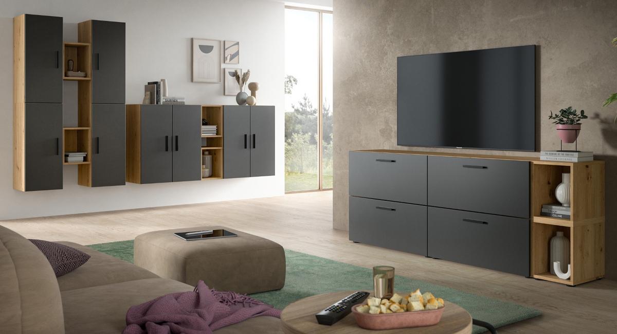 SIDEBOARD grau, Eiche Artisan 176 cm, Kommode hängend / stehend - Schwarz/Eiche Artisan, Holzwerkstoff/Kunststoff (176/65/34cm) - Inn.Furn