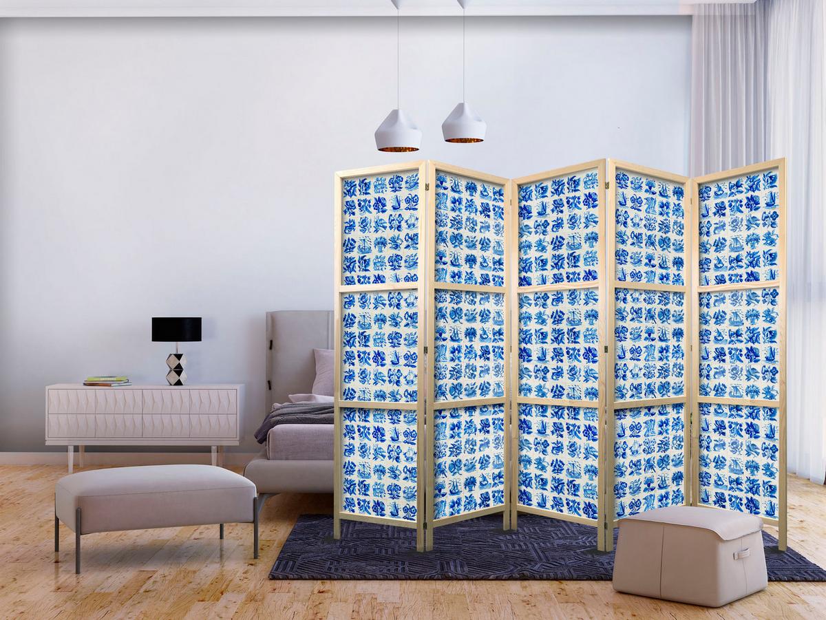PARAVENT Japanischer 5-tlg 225x172 cm Blaue Fliesen - Blau, Holz/Textil (225/172/3cm) - Muralo