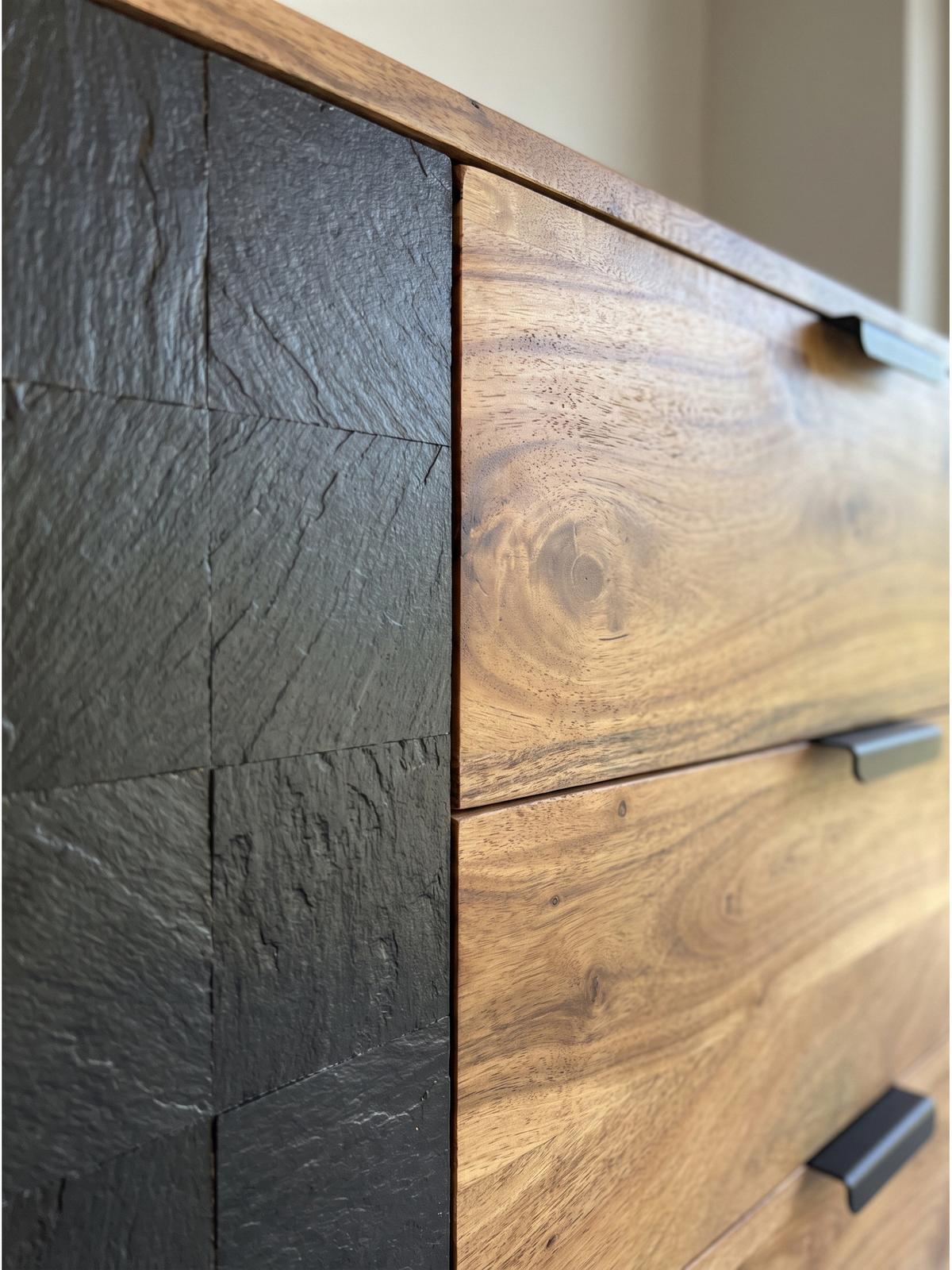 KOMMODE MONTEFALCO, Akazie Massivholz, Akazie-Schwarz, 175 x 40 x 76 cm - Schwarz/Akaziefarben, Holz/Metall (175/76/40cm) - KADIMA DESIGN