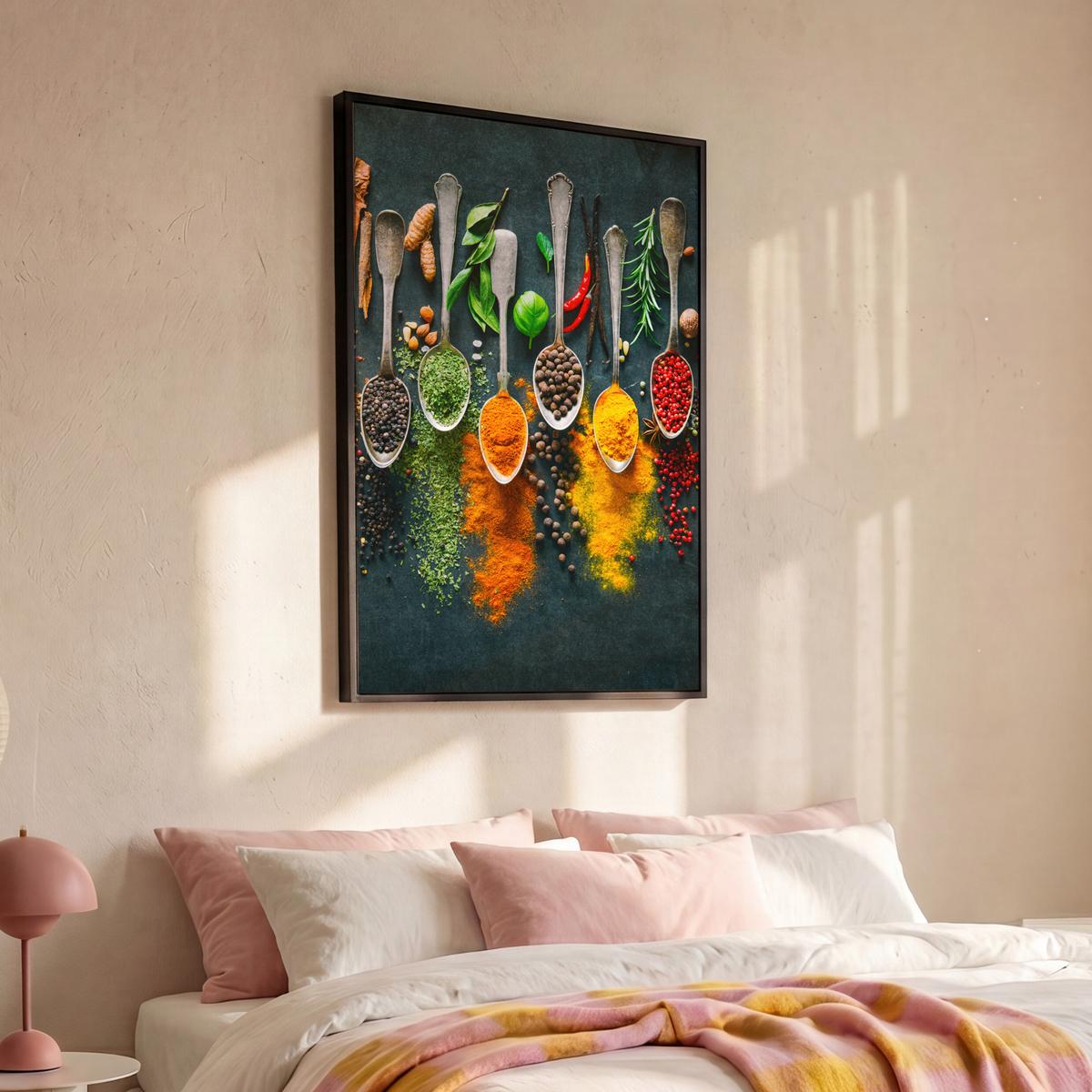 LEINWAND Bilder mit Rahmen - Kräuter - Gewürze - Löffel - 80x120 - Currygelb, Textil (80/120cm) - MuchoWow