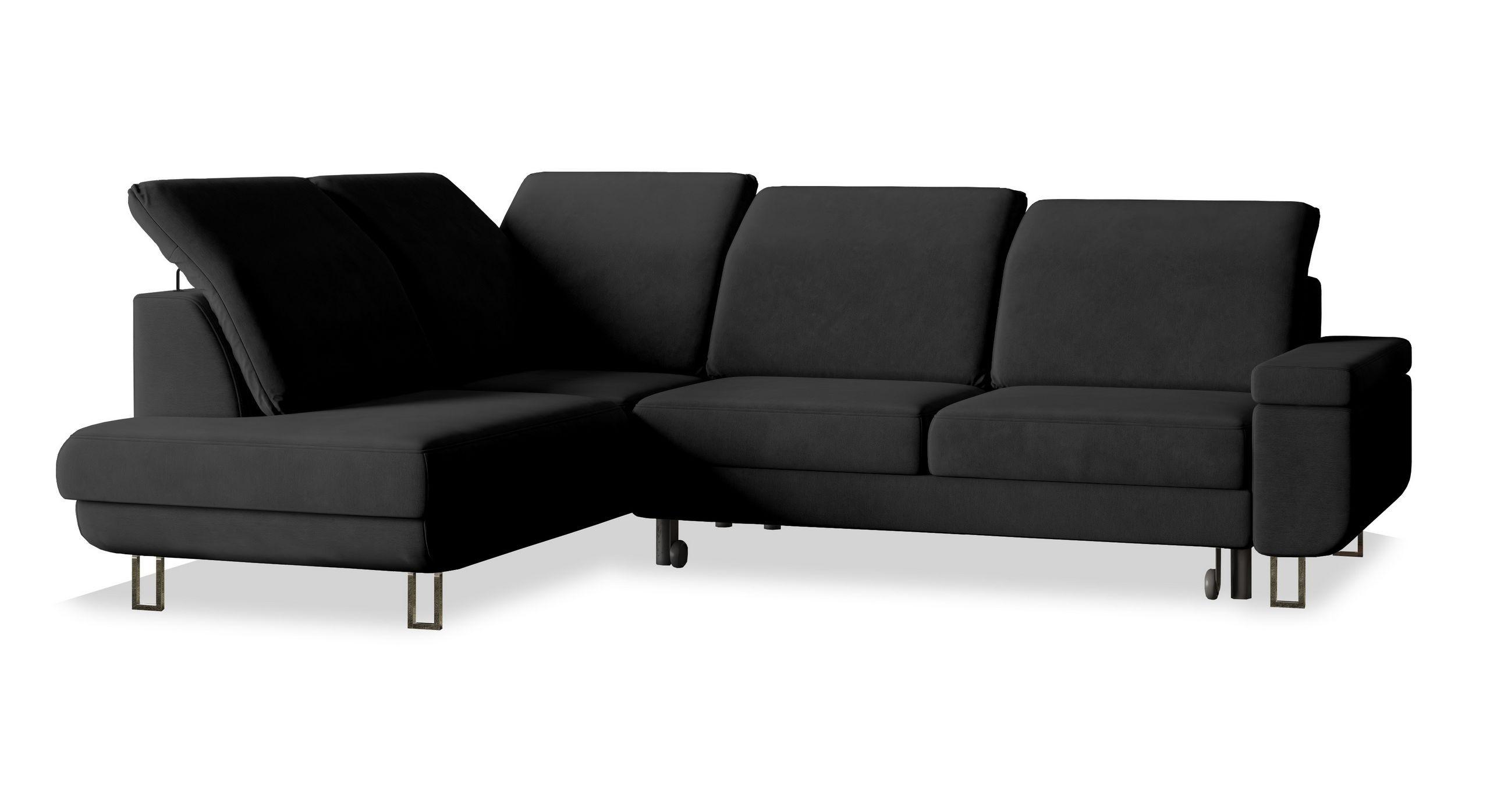ECKSOFA LERMA L-S Schwarz Velours-Stoff mit Schlaffunktion - Silberfarben/Schwarz, Holz/Textil (253/190cm) - MASSENO