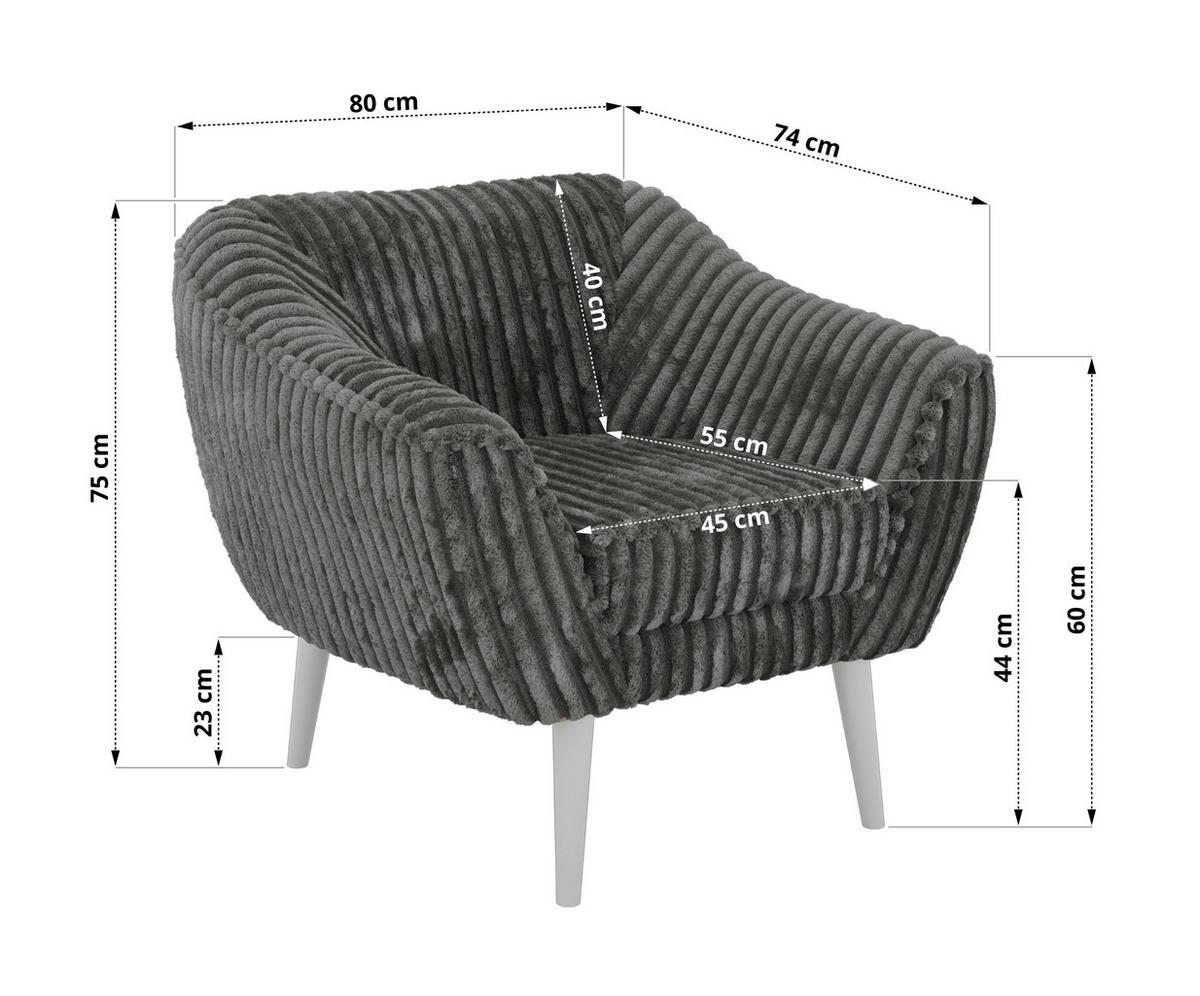 SESSEL PIRS - Grau Cord - Weiße Beine - Weiß/Grau, Holzwerkstoff/Textil (80/75/74cm) - MKS