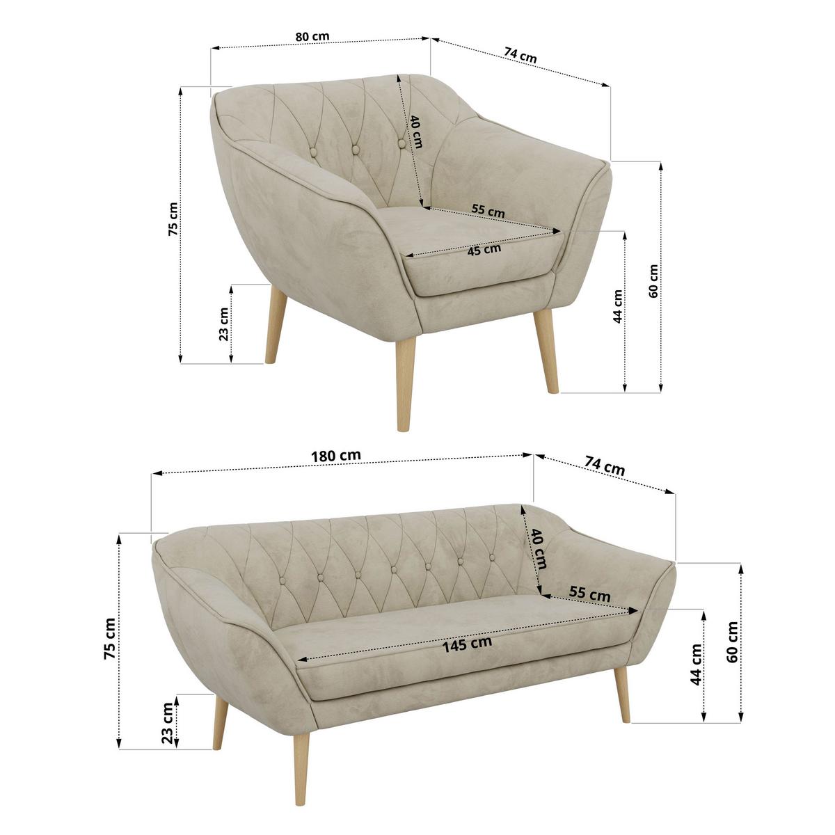 SITZGARNITUR PIRS 3+1+1 - Beige Velvet - Holzbeine - Beige/Buchefarben, Holzwerkstoff/Textil (180/75/74cm) - MKS