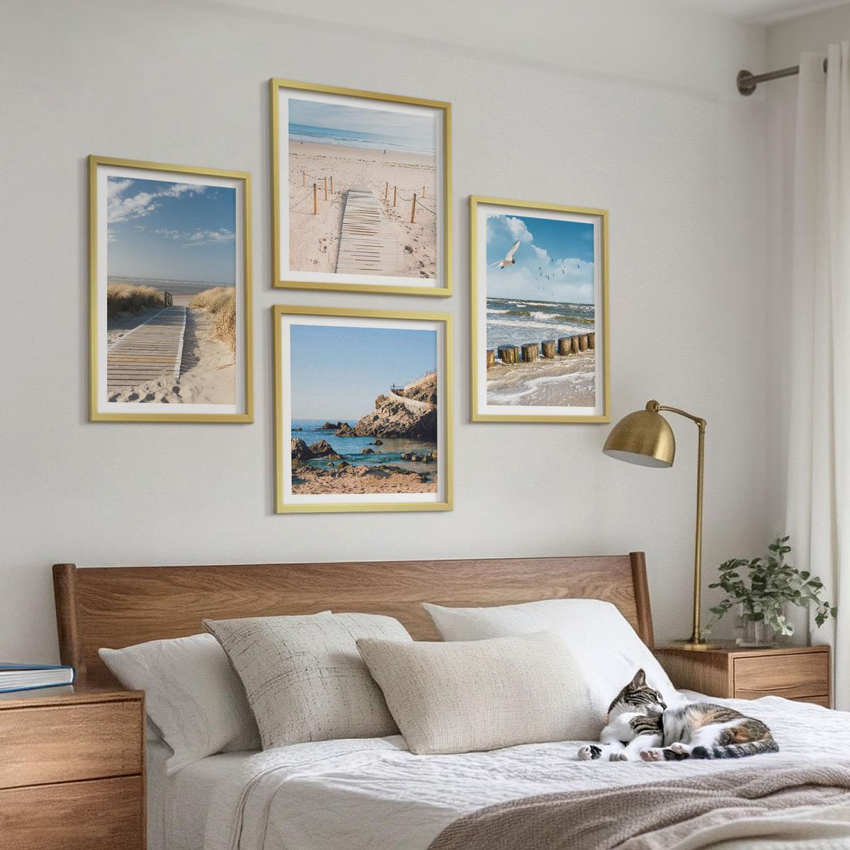 BILDER SET 4er Set - 50x50 cm & 40x60 cm Goldrahmen - Strand, Sand, Wellen, Himmel, Vögel - Goldfarben, Kunststoff (50/50cm) - TULUP