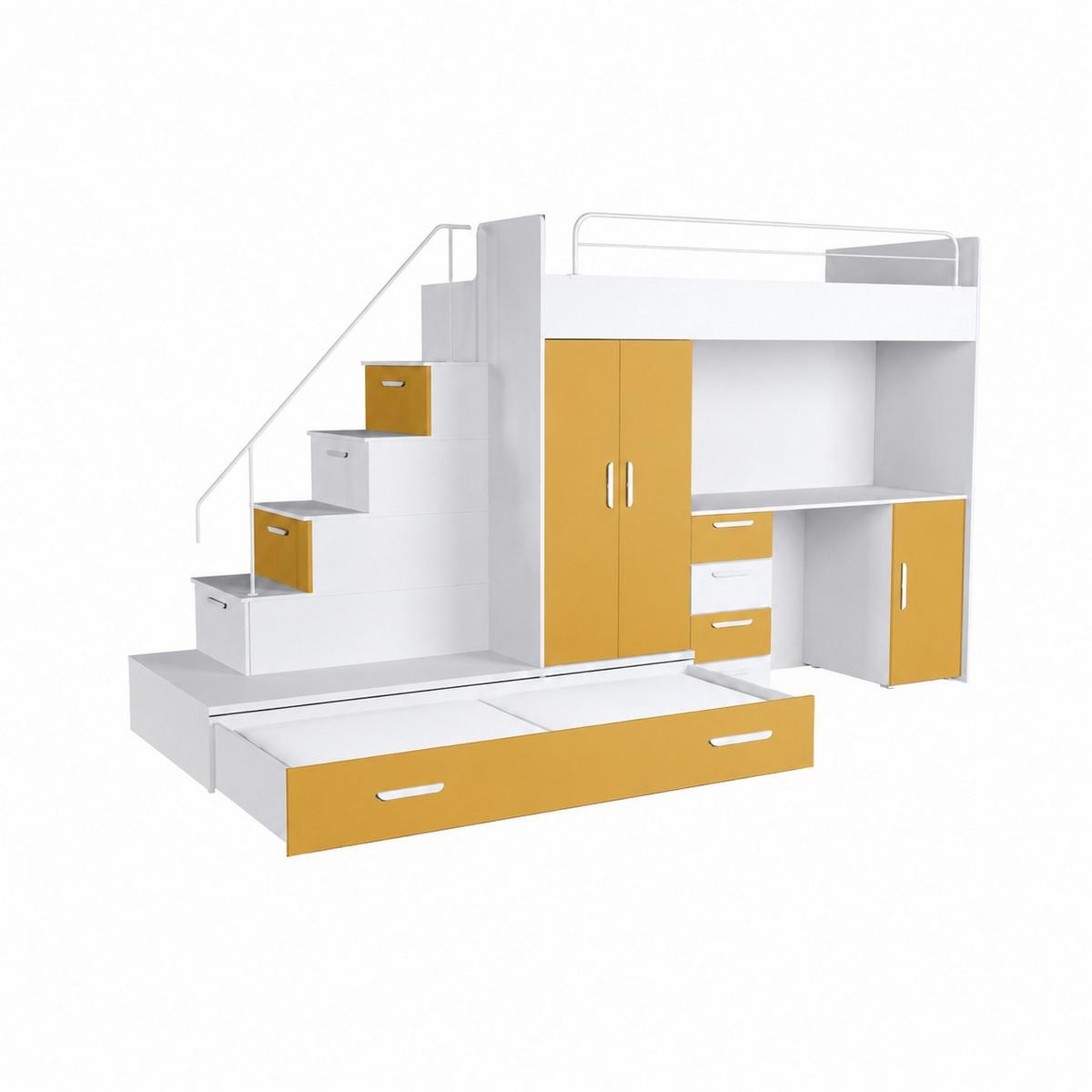 KINDERZIMMER Set RAJ 5, Matt mit Hochbett, Schrank und Schreibtisch - Currygelb/Weiß, Holzwerkstoff (320/180/86cm) - Lookway