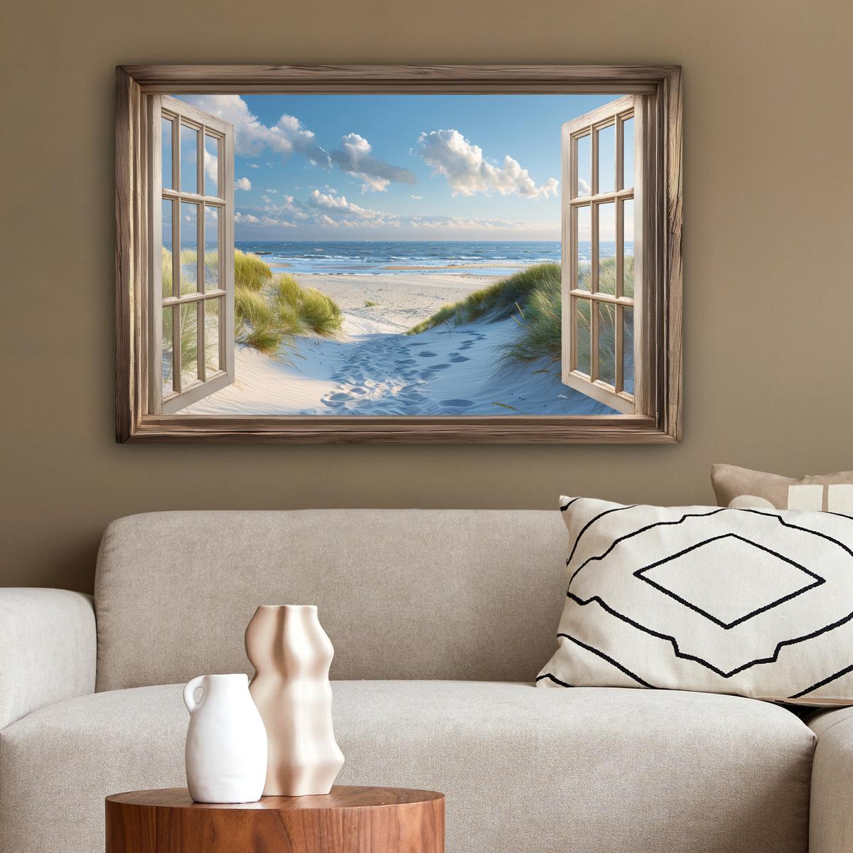 LEINWANDBILD Aussicht - Strand - Fenster - Dünen - Meer Wanddeko 90x60 cm - Hellblau, Textil (90/60cm) - MuchoWow