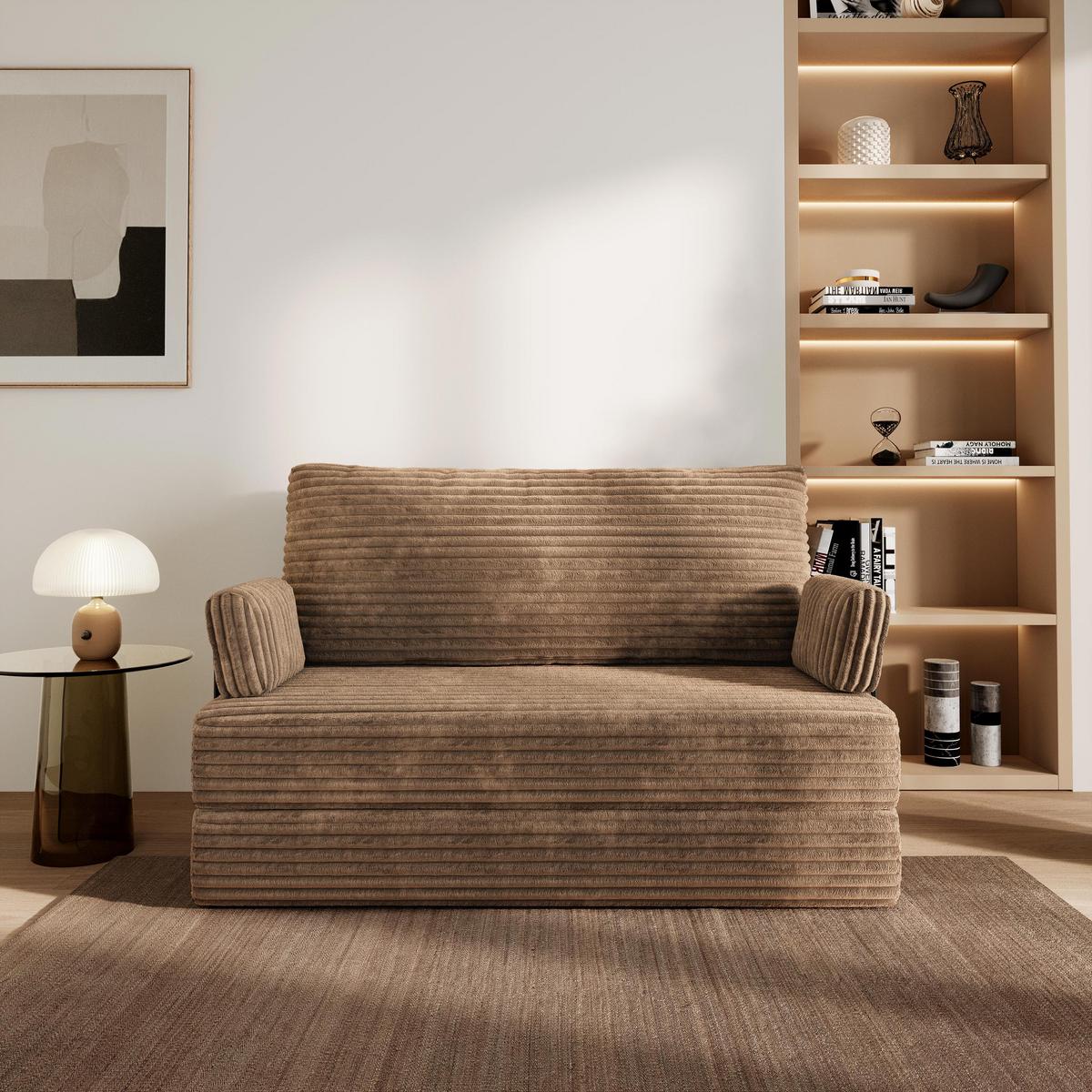 BETTSOFA LADIA aus Schaumstoff Cordstoff Beige Schlaffunktion - Beige, Textil (140/86/60cm) - MASSENO