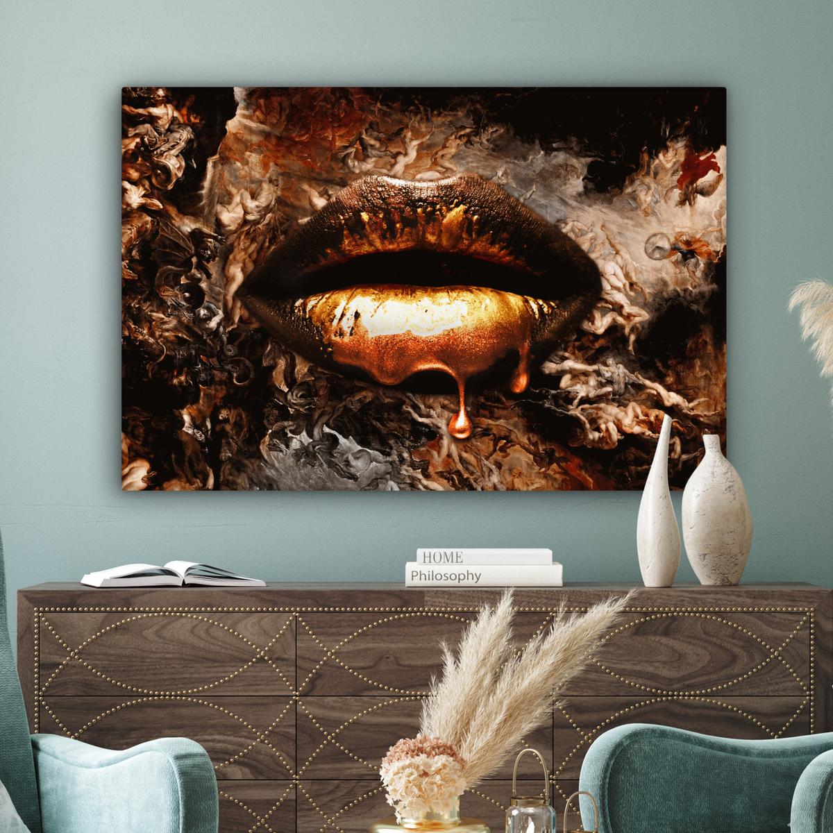 LEINWANDBILD Gold - Lippen - Kunst - Gold - Luxus - Abstrakt XXL 150x100 cm - Kupferfarben, Textil (150/100cm) - MuchoWow