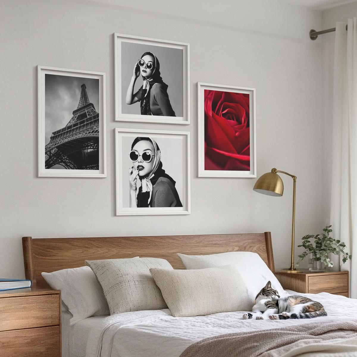 BILDER SET 4er Set - 50x50 cm & 40x60 cm Weißer Rahmen - Pariserin mit Eiffelturmbrille - Weiß, Kunststoff (50/50cm) - TULUP