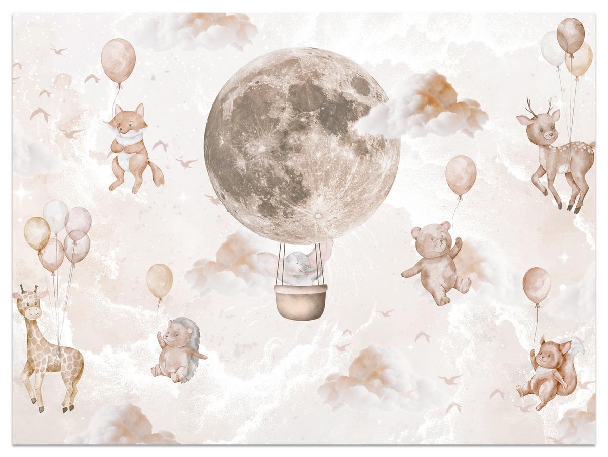 FOTOTAPETE für Kinderzimmer Mond Ballons Bär Rehkitz Giraffe Wolken 500x350 - Beige/Rosa, Papier (500/350cm) - Muralo