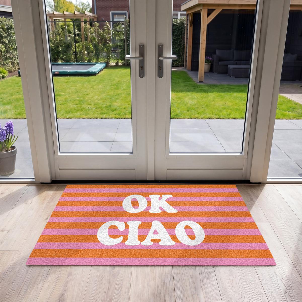 FUSSMATTE Ciao - Zitat - Streifen Sauberlaufmatte 120x80 cm - Orange, Kunststoff (120/0.4cm) - MuchoWow