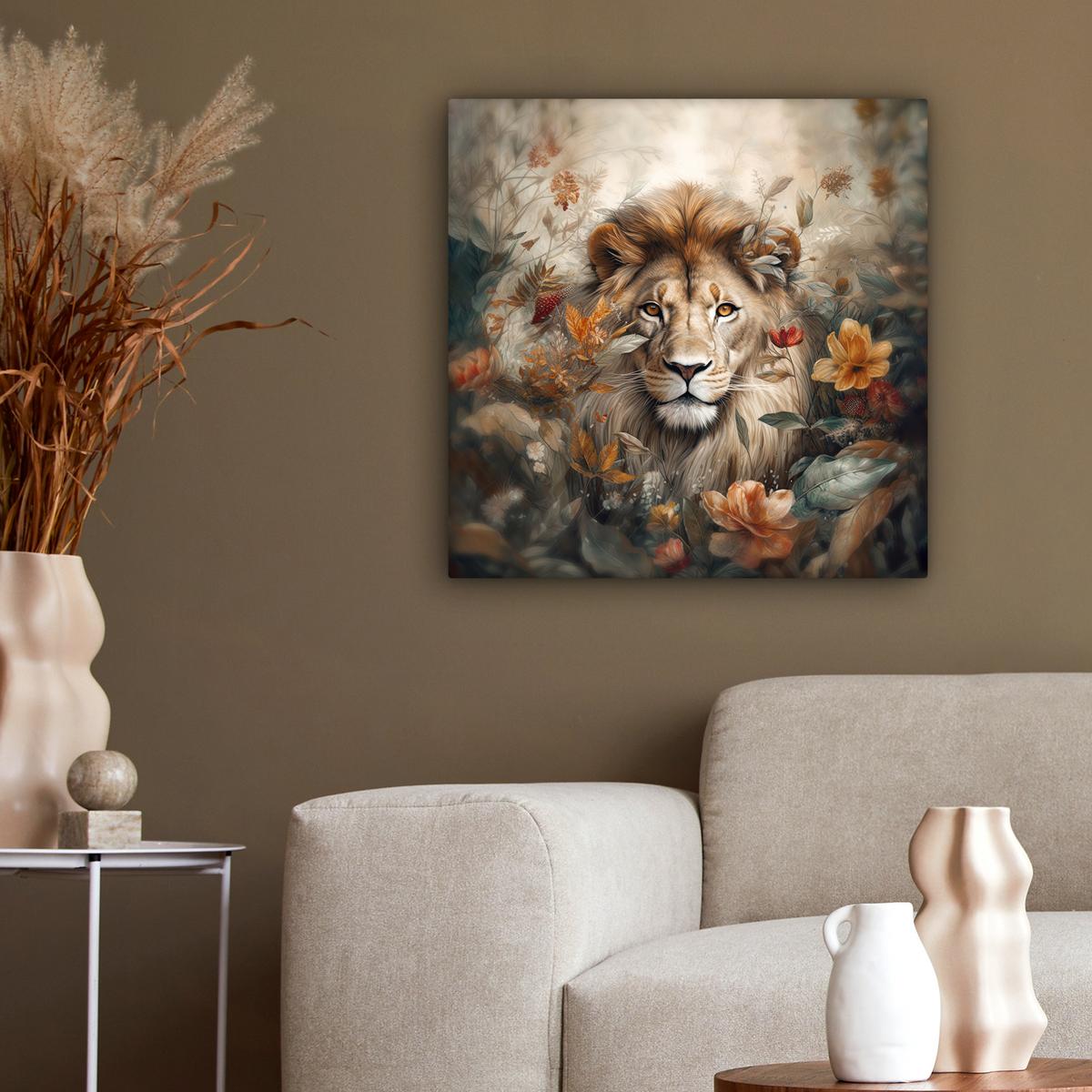 LEINWANDBILD Löwe - Wildtiere - Pflanzen - Natur - Blumen Wandbild Wohnzimmer 50x50 cm - Beige, Textil (50/50cm) - MuchoWow