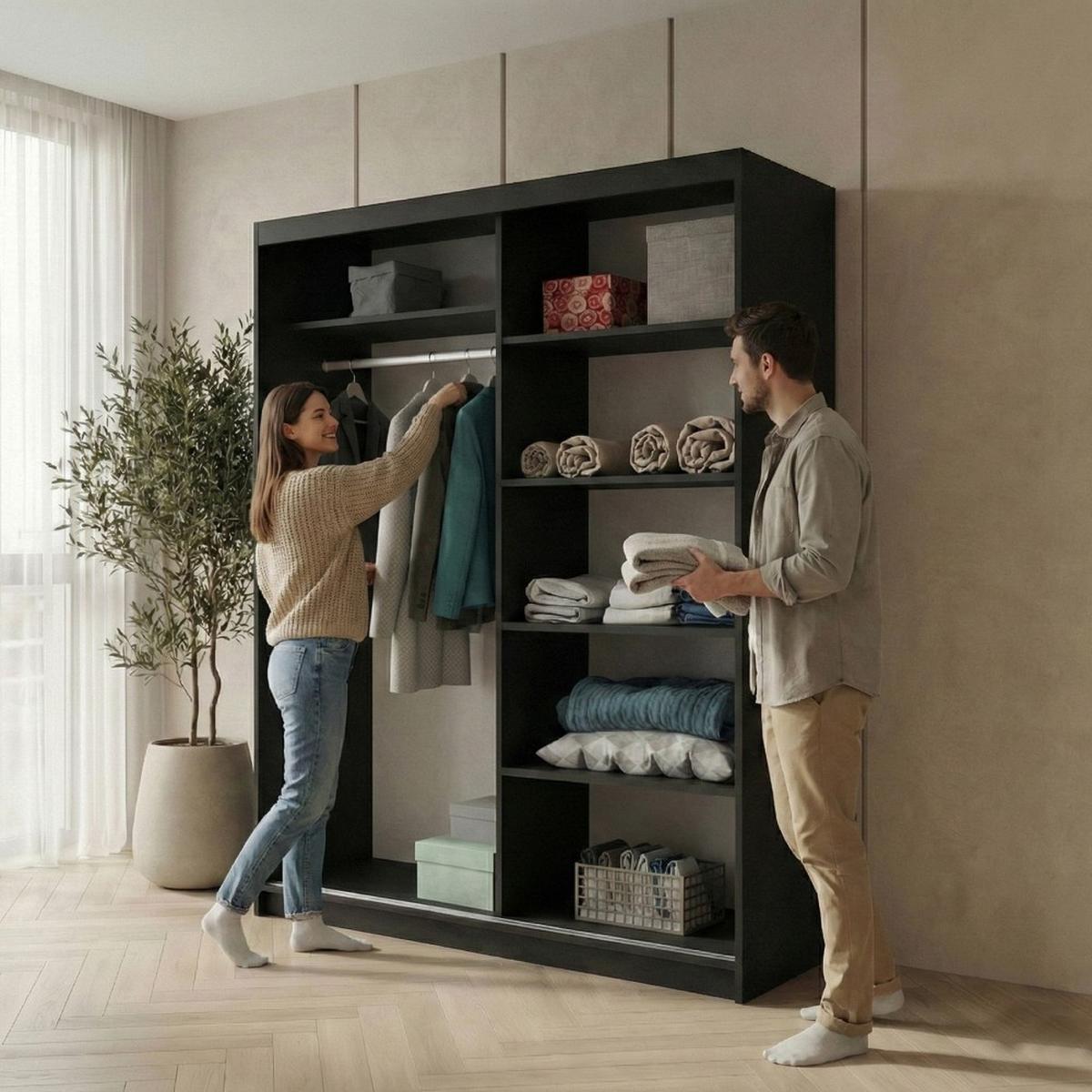 SCHWEBETÜRENSCHRANK Hela mit 2 Türen. 160 cm, Schwarz - Schwarz, Holzwerkstoff (160/205/60cm) - Beautysofa