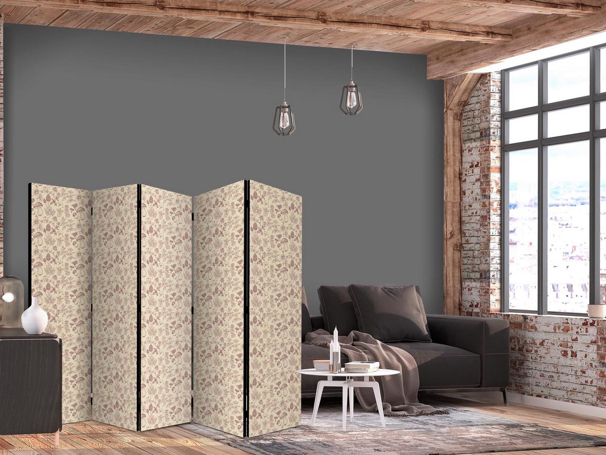 PARAVENT Einseitig Bedruckter 5-tlg 225x172 cm Boho Blumen und Pilze - Braun, Holz/Textil (225/172/3cm) - Muralo