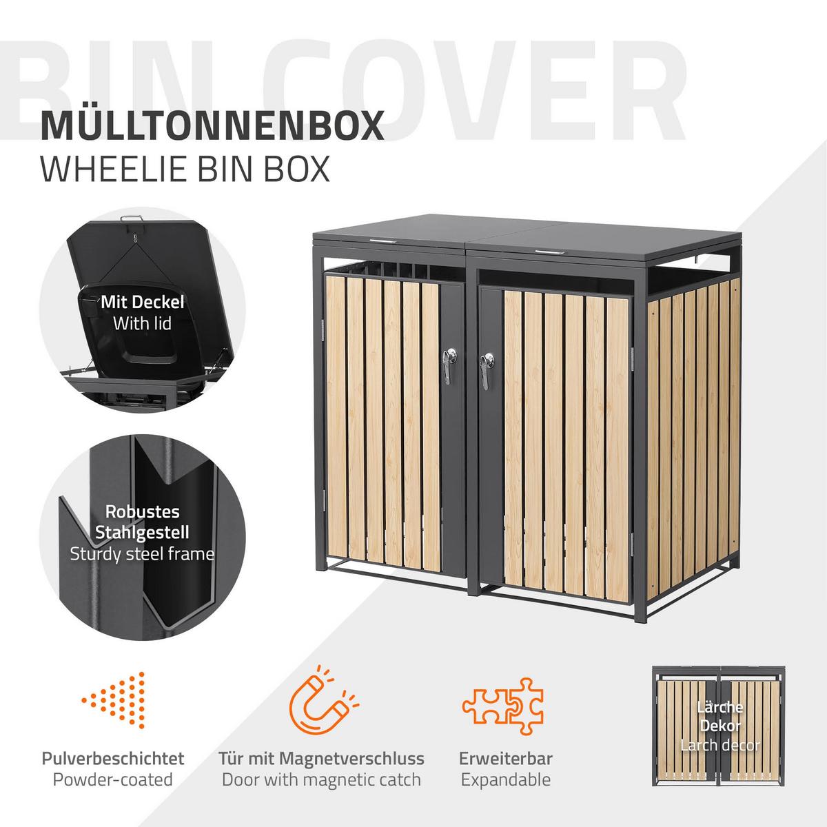 MÜLLTONNENBOX 2er Anthrazit-Holzoptik - Naturfarben, Metall (132/120/80cm) - ML-DESIGN