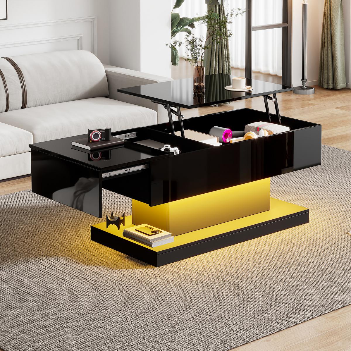 COUCHTISCH Hochglanz Schwarz mit LED Liftfunktion & Stauraum 100×50 cm - Weiß, Holzwerkstoff (50/100/45cm) - Urban Meuble