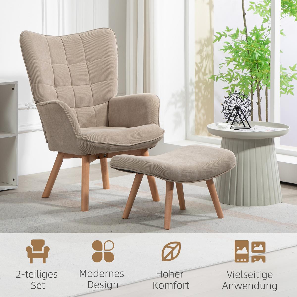 OHRENSESSEL mit Hocker, Relaxsessel, Polstersessel in Cord-Optik, mit Holzbeine - Hellbraun/Braun, Buchenholz/Textil (72/101/80cm) - HOMCOM