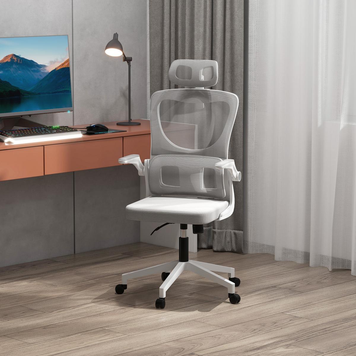 BÜROSTUHL Ergonomisch, Schreibtischstuhl mit Verstellbar Armlehne, Mesh, Grau - Grau, Textil (59/122/60cm) - Vinsetto