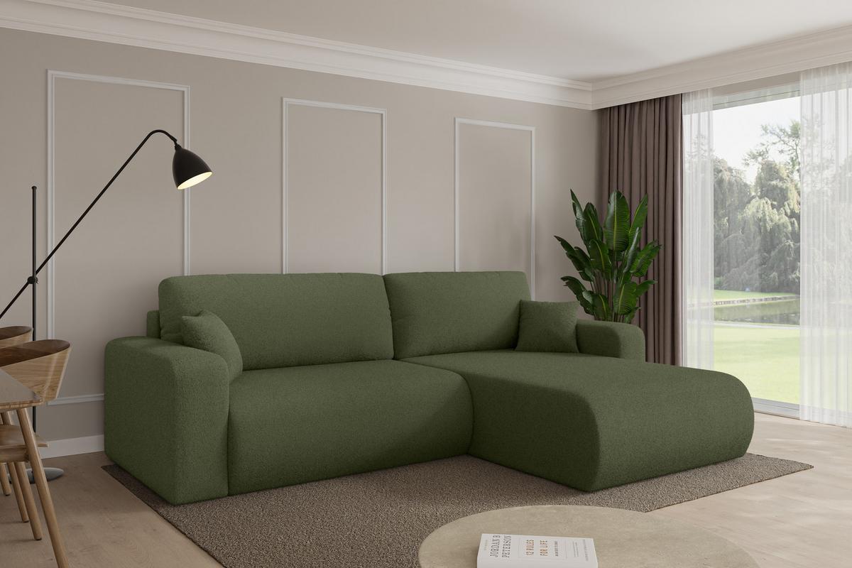 ECKSOFA mit Schlaffunktion Ottomane Rechts BERY-L 276x193x88 Grün Bouclé - Schwarz/Olivgrün, Holzwerkstoff/Kunststoff (276/193cm) - ALTDECOR