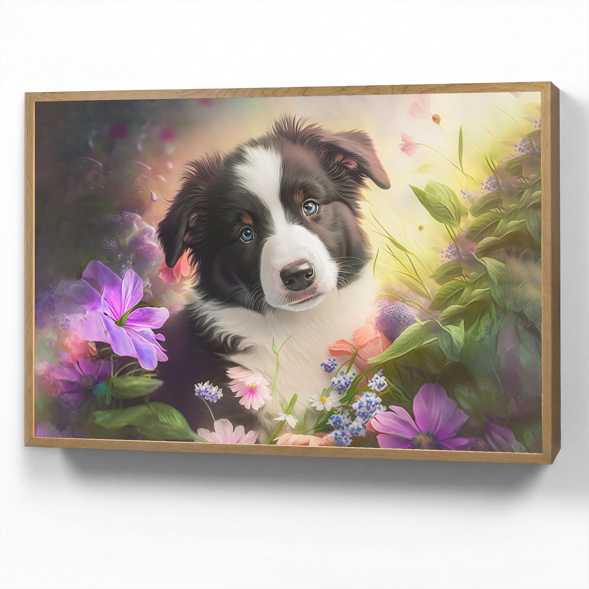 NACHTTISCHLAMPE MIT AKKU Welpe - Sonne - Blumen - Natur - Border Collie - Hund 90x60 cm - Violett, Holzwerkstoff (8/90/60cm) - OnlyWow