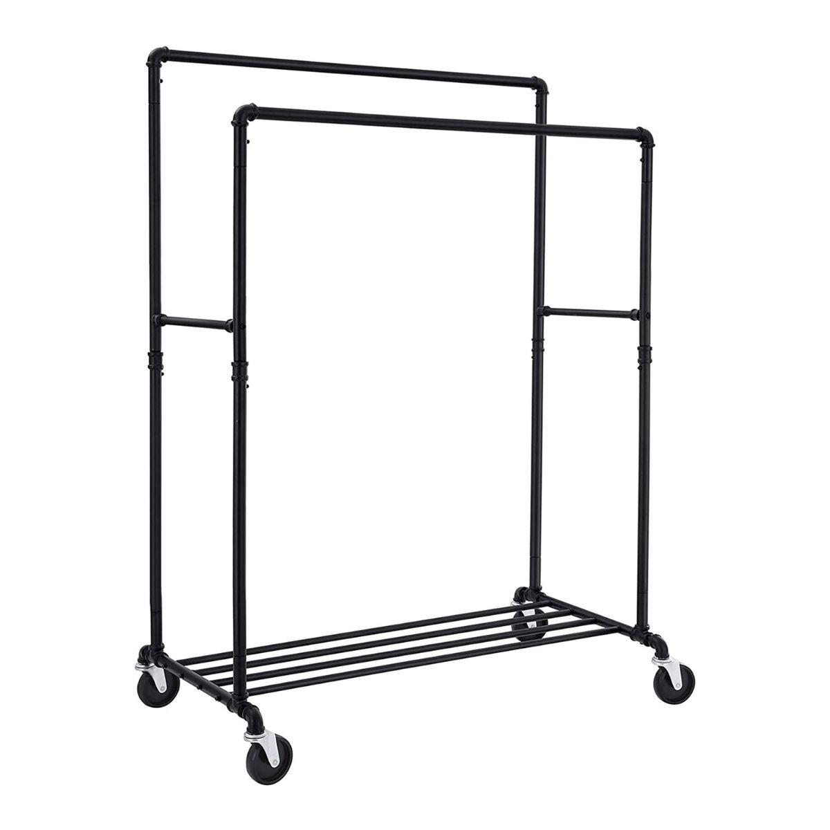 KLEIDERSTÄNDER mit zwei Kleiderstangen und Regal auf Rollen - Schwarz, Metall (106.5/146/59cm) - Calicosy