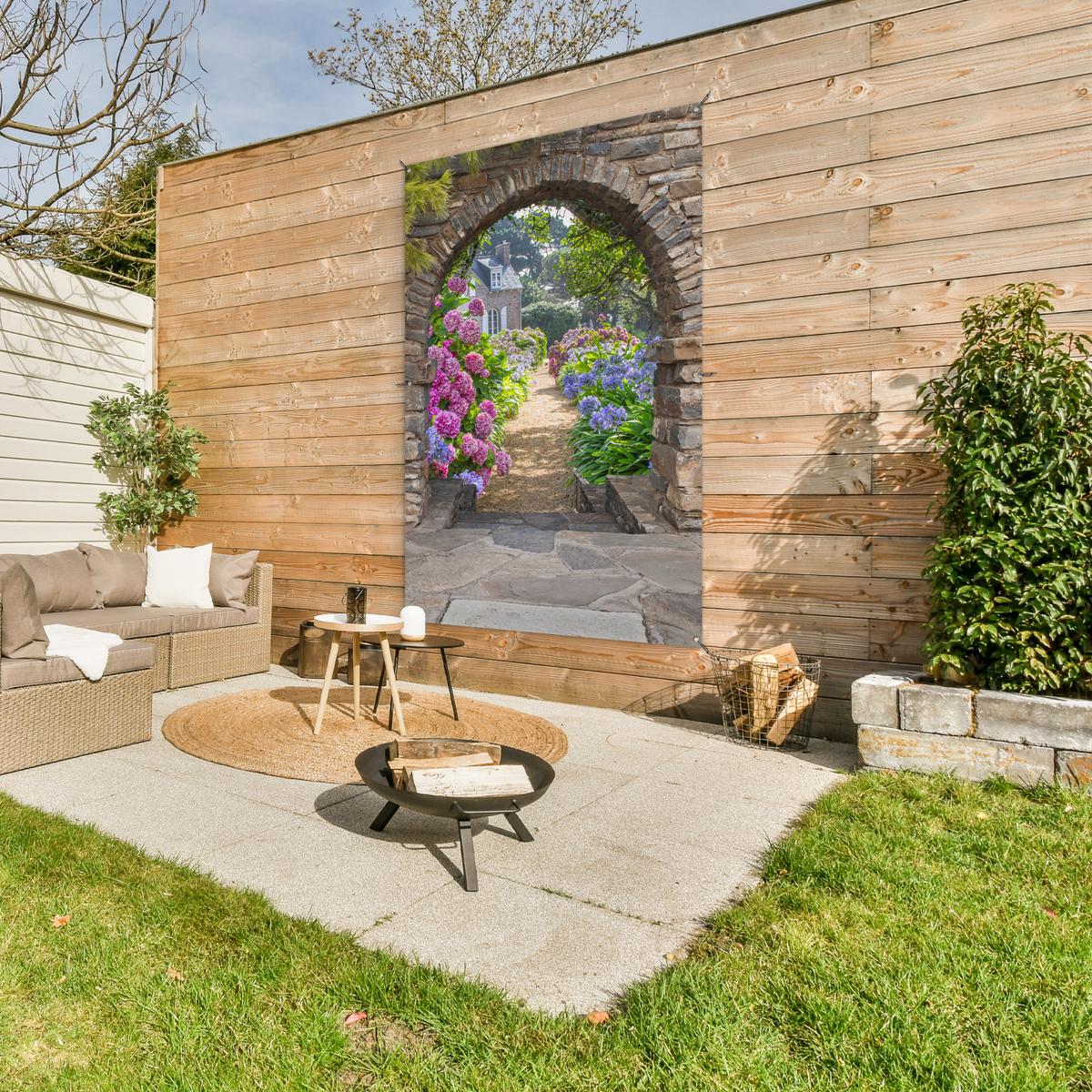 GARTENPOSTER Blumen - Guck-guck - Hortensie - Sommer Bild 120x180 cm - Braun, Kunststoff (120/180/0.2cm) - OnlyWow