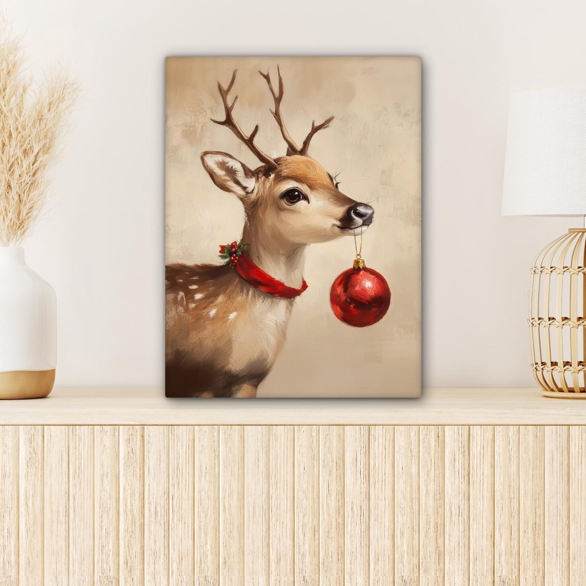 LEINWANDBILD Weihnachten - Hirsch - Geweih - Weihnachtskugel - Rentier Room Decor 30x40 cm - Hellbraun, Textil (30/40cm) - MuchoWow