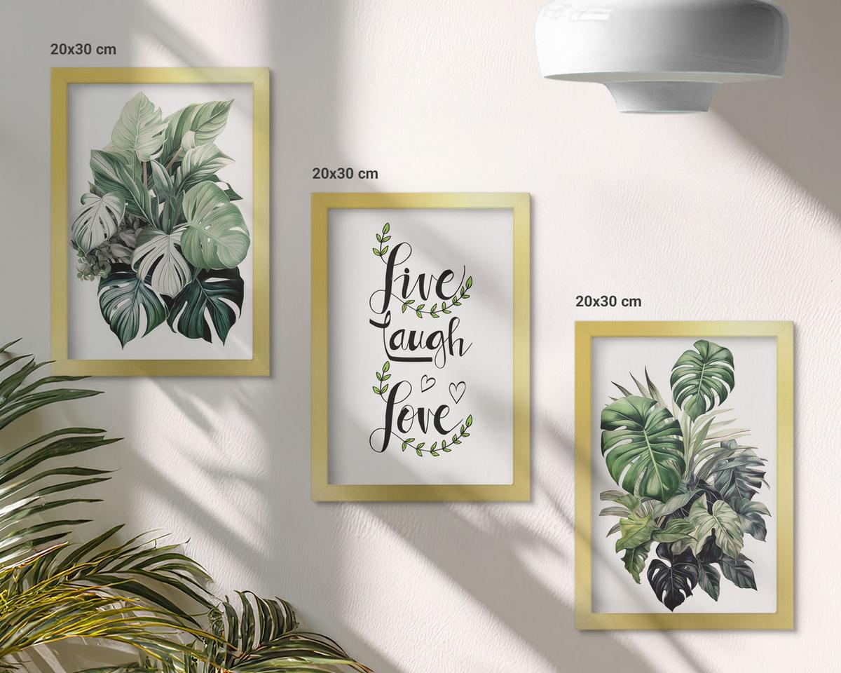 BILDER SET 3er Set - 20x30 cm Goldrahmen - Blattpflanzen leben, lachen, lieben - Goldfarben, Kunststoff (20/30cm) - TULUP