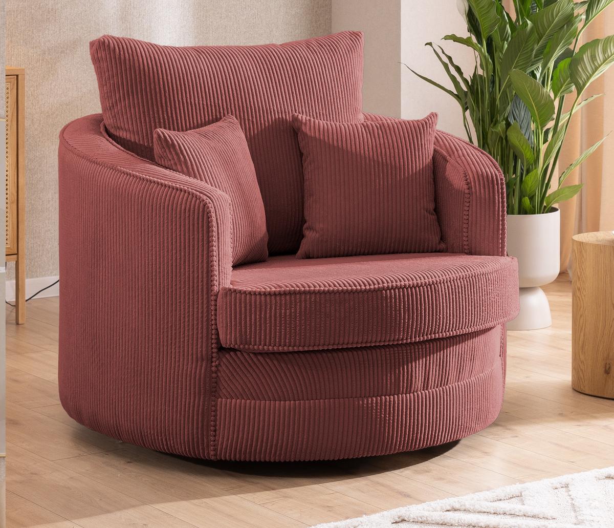 DREHSESSEL Ted aus Terrakotta Cord-Stoff - Terracotta/Schwarz, Holz/Textil (107/94/100cm) - S-Style Möbel