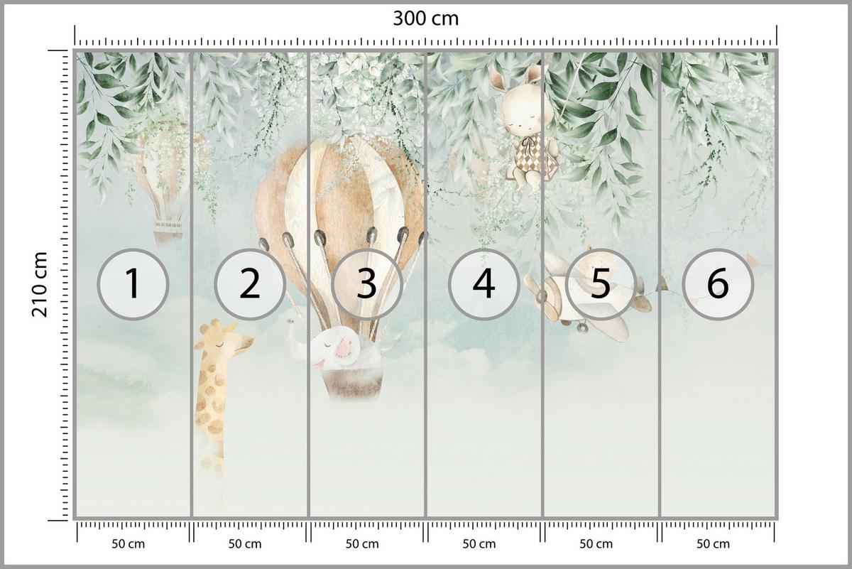 FOTOTAPETE für Kinderzimmer Tiere Wolken Ballons Giraffe Elefant 300x210 - Beige/Braun, Papier (300/210cm) - Muralo