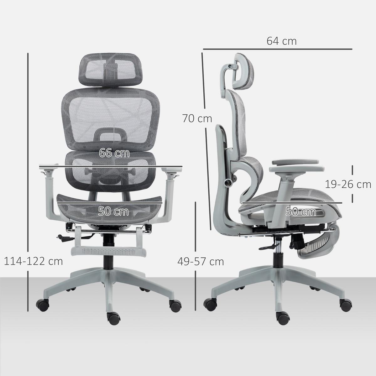 BÜROSTUHL Schreibtischstuhl mit Armlehne Kopfstütze Lendenwirbelstütze Grau - Grau, Kunststoff/Textil (64/122/66cm) - HOMCOM