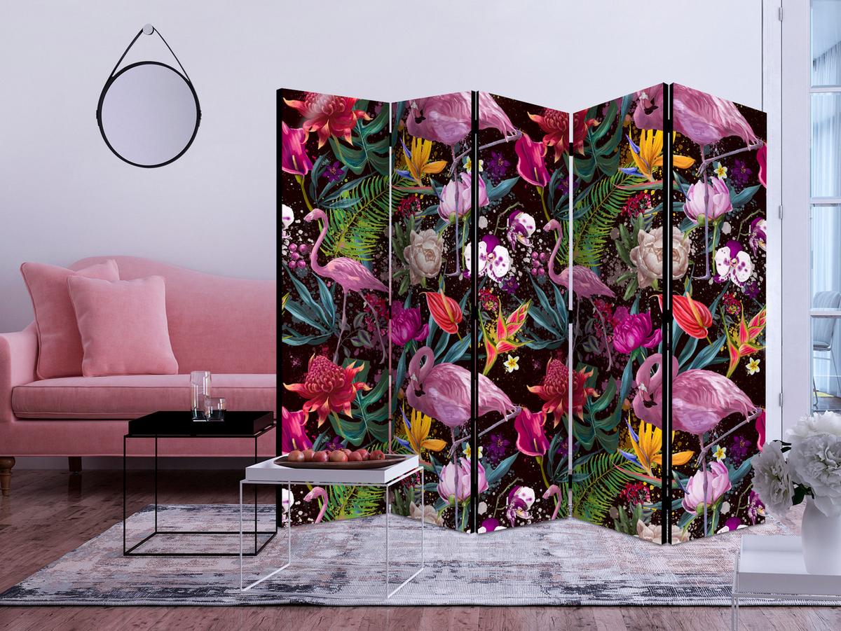 PARAVENT 5-tlg 225x172 cm Flamingos und Exotische Blumen - Multicolor, Holz/Textil (225/172/3cm) - Muralo