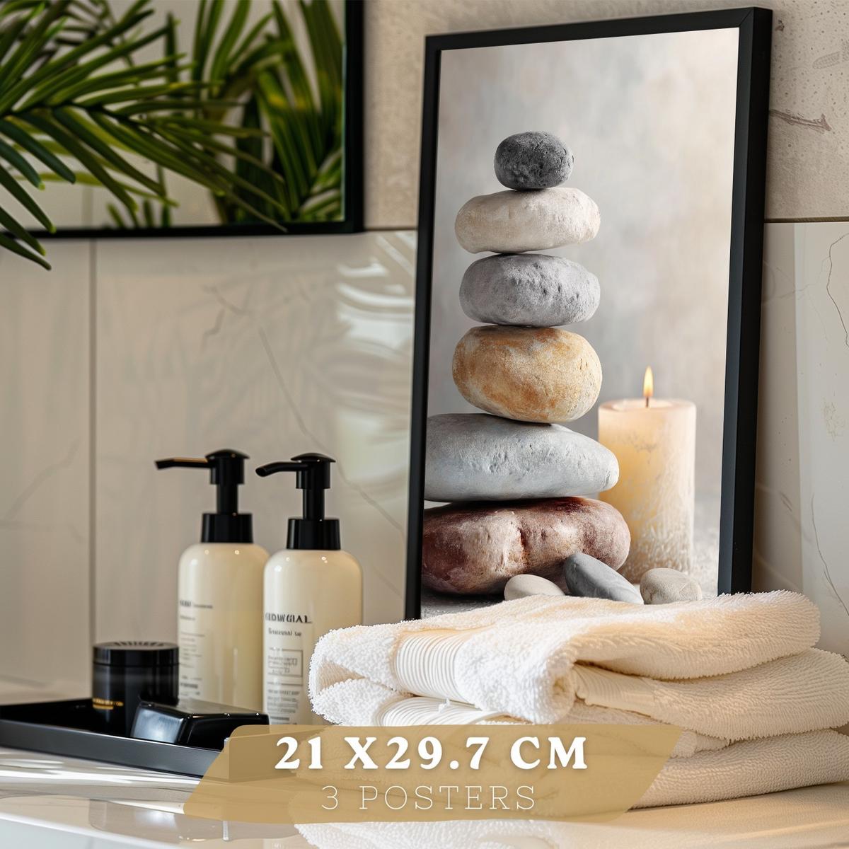 POSTER 3er-Set dekorative Badezimmer Kunstdrucke, Zen-Spa-Stil, minimalistische Bilder mit Steinen, Kerzen und Blumen, Schwarzer Rahmen A4 - Schwarz, Papier (29.7/21/3cm) - Nacnic