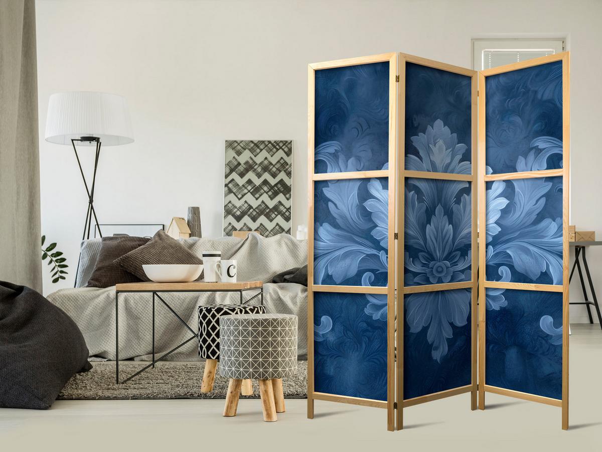 PARAVENT Japanischer 3-tlg 135x172 cm Blaue Ornamente - Blau, Holz/Textil (135/172/3cm) - Muralo