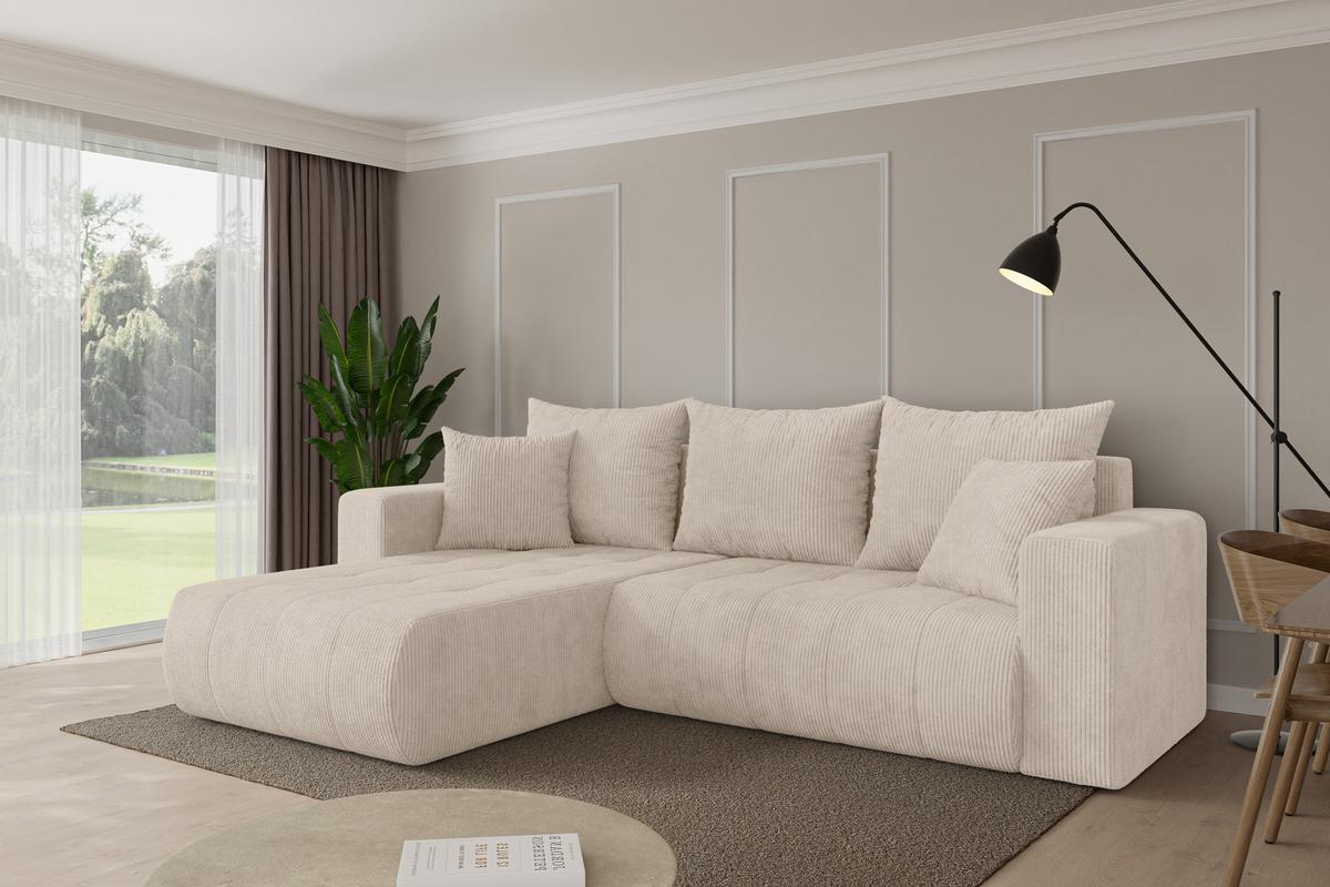 ECKSOFA mit Schlaffunktion Ottomane Links MILA-L 277x194x86 Beige Cord - Beige/Schwarz, Holzwerkstoff/Kunststoff (277/194cm) - ALTDECOR