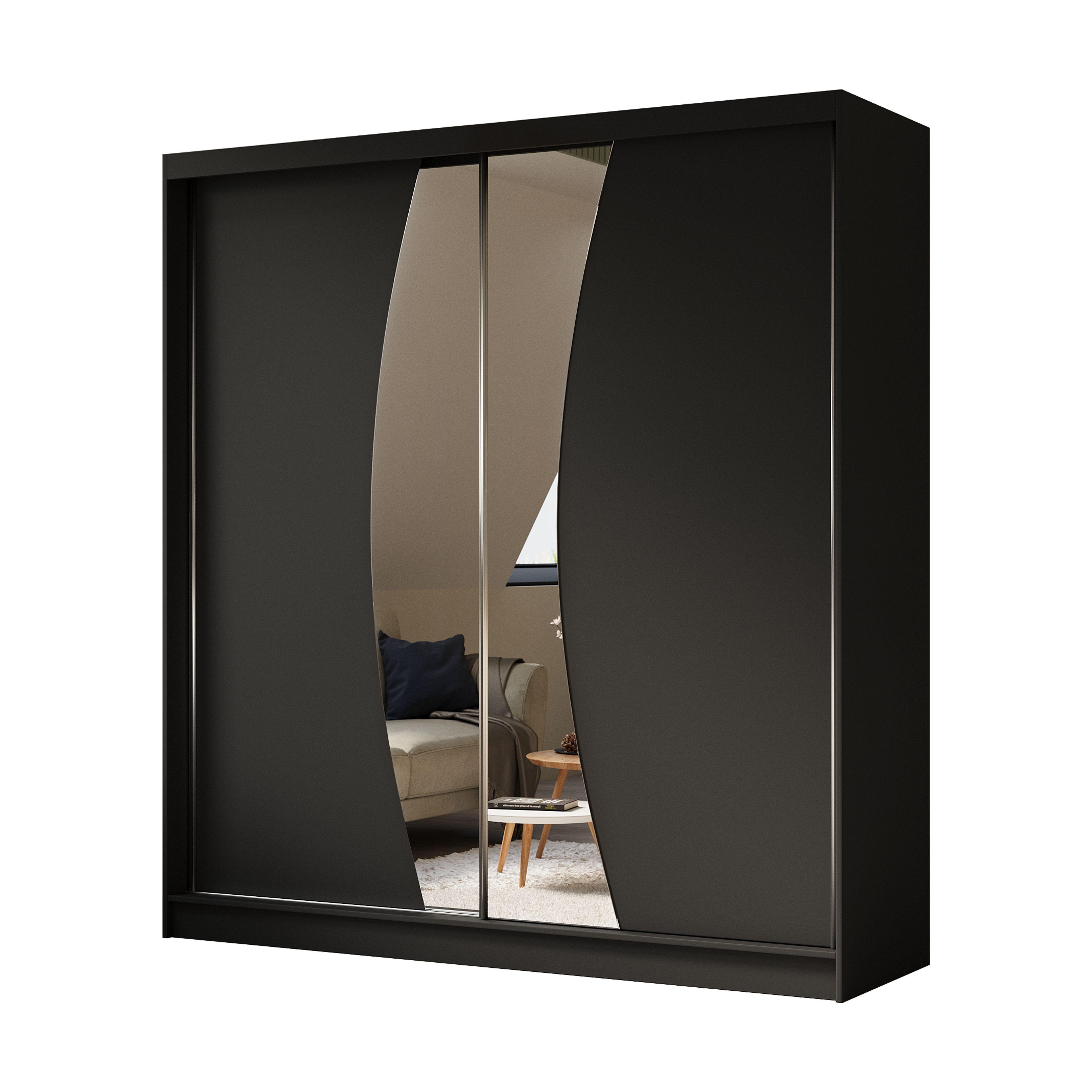 SCHWEBETÜRENSCHRANK VOCE 200/216/61 cm 2-türig mit Spiegel Schwarz - Schwarz, Holzwerkstoff (200/216/61cm) - MASSENO