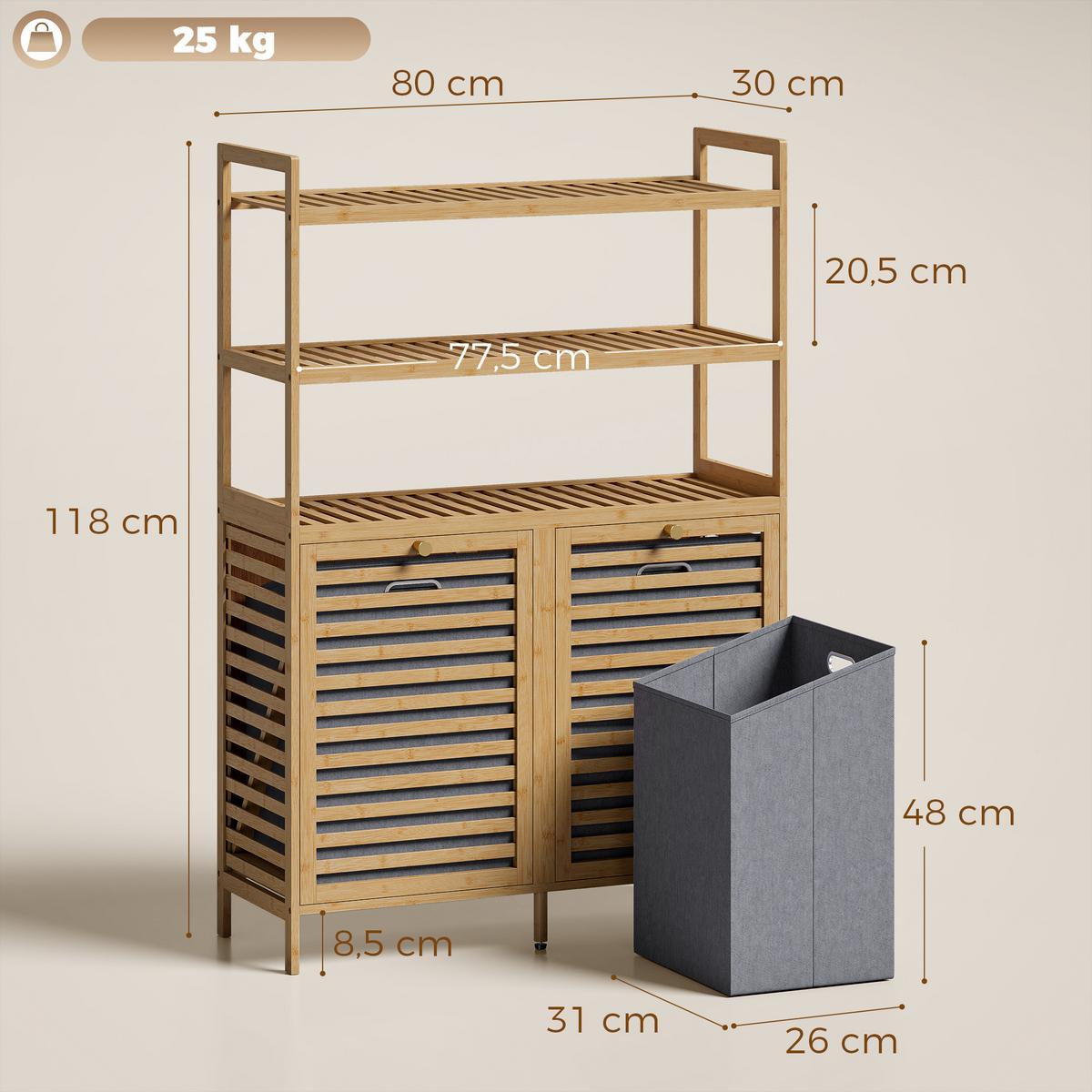 WÄSCHESCHRANK Bambus Vliesstoff Eiche - Eichefarben/Goldfarben, Naturmaterialien/Bambusholz (30/118/80cm) - HOMCOM