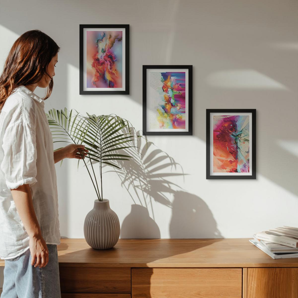 BILDER SET 3er Set - 20x30 cm Schwarzer Rahmen - Farbenfrohe Abstraktionen der Form - Schwarz, Kunststoff (20/30cm) - TULUP
