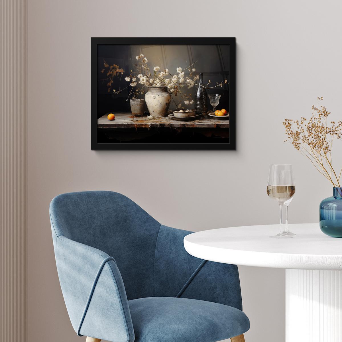 POSTER MIT RAHMENGERAHMTES BILD Stilleben - Blumen - Blumenstrauß - Vase - Wein 40x30 cm - Schwarz, Papier (40/30cm) - MuchoWow
