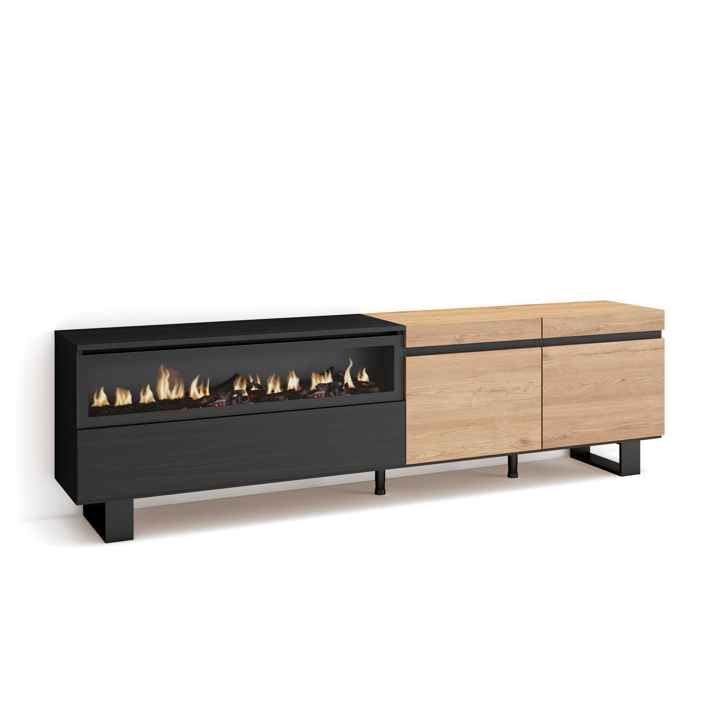 LOWBOARD, mit Elektrokamin, Eiche, Schwarz, 200/35/57cm - Eichefarben, Holzwerkstoff (200/57/35cm) - Skraut Home