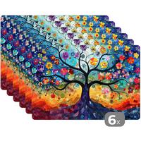 PLATZSETS 6er-Set Baum - Bunt - Blumen - Kunst - Abstrakt Tischunterlage 45x30 cm - Blau, Kunststoff (0.3/45/30cm) - MuchoWow