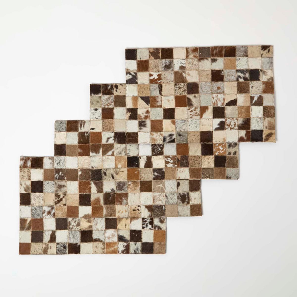 TISCHSET 4er-Set mit Patchwork-Karo, Fell & Leder, 30/46 cm - Multicolor, Leder (30/46cm) - Homescapes
