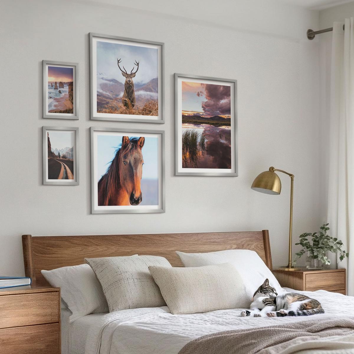BILDER SET 5er Set - 50x50 cm & 20x30 cm & 40x60 cm Silberner Rahmen - Berglandschaften, Rentiere, Pferdestraße - Silberfarben, Kunststoff (40/60cm) - TULUP