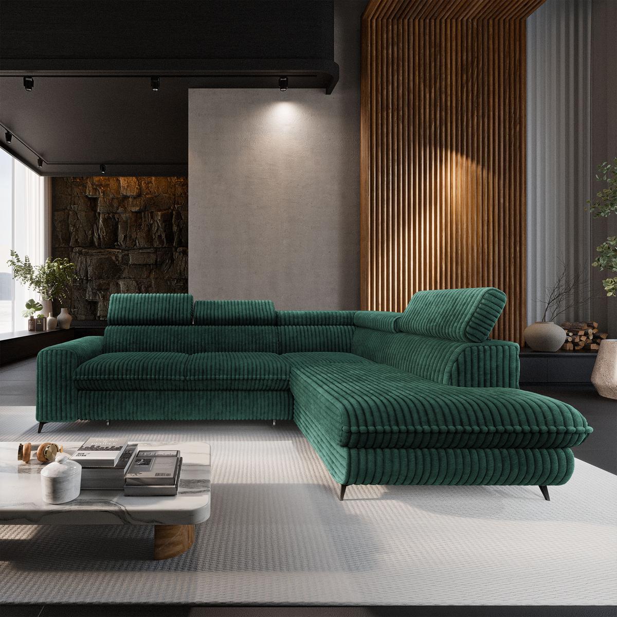 ECKSOFA VELISS Grün Kordstoff mit Schlaffunktion - Grün, Holz (255/193cm) - MASSENO